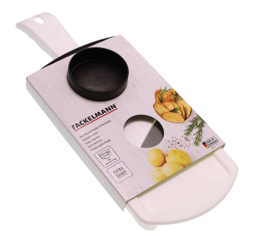 Fackelmann Dick-/Dünnschneider Mit Restehalter, Gemüseschneider Mit Zweiseitiger Edelstahl-Klinge, Hochwertiger Gemüsehobel (Farbe: Weiß/Schwarz), Menge: 1 Stück – Bild 8