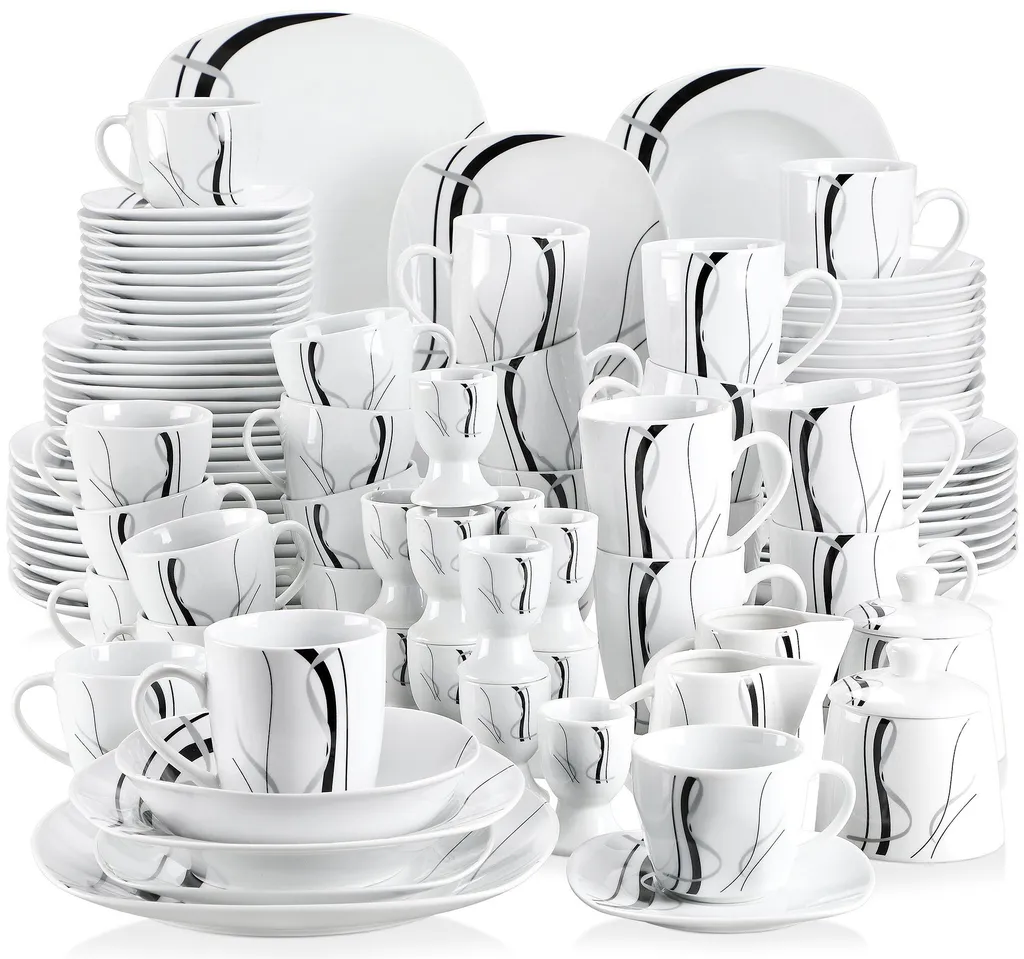 VEWEET, Serie 'Fiona', 100-teilig Porzellan Tafelservice Set, Kombiservice Mit Dessertteller, Speiseteller, Suppenteller, Müslischalen, Kaffeebecher, Kaffeetassen Set, Eierbecher, Milch- Und Zuckerset