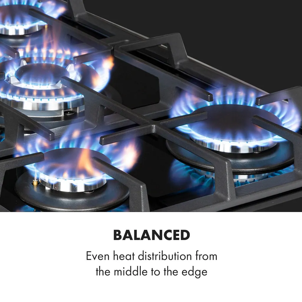 Klarstein Alchemist 5 Zonen Gaskochfeld , 5-flammig , Autark , 68 Cm , Einbau , Aluminium-Brenner , Stark-Brenner , Erdgas/Butangas , Edelstahl , Automatische Abschaltung , Topfträger Aus Gusseisen , Glaskeramik , Inkl. Schlauch Und Druckminderer , Schwarz – Bild 3