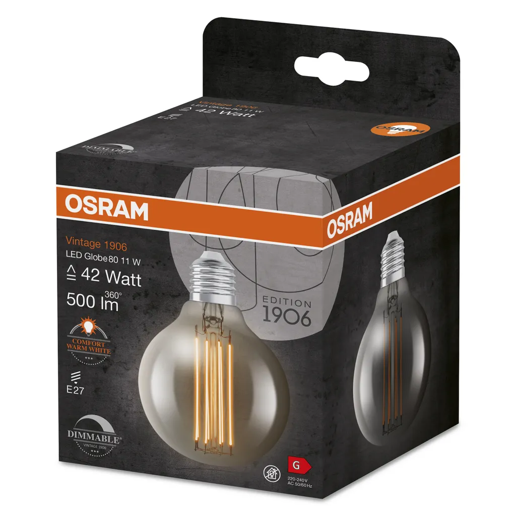 OSRAM Vintage 1906 LED-Lampe Mit Smoke-Tönung, 11W, 500lm, Kugel-Form Mit 80mm Durchmesser & E27-Sockel, Warmweiße Lichtfarbe, Gerades Filament, Dimmbar, Bis Zu 15.000 Stunden Lebensdauer