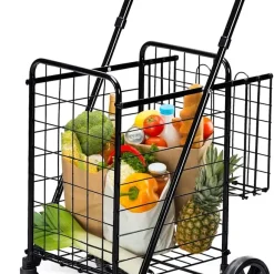 COSTWAY Klappbarer Einkaufstrolley, Einkaufswagen Mit Universalrädern & Doppelkorb, 48L+10L, Tragbarer Handwagen Mit Verstellbarer Griff, Rollwagen Allzweckwagen Für Wäsche Einkaufen Gepäck (Schwarz)