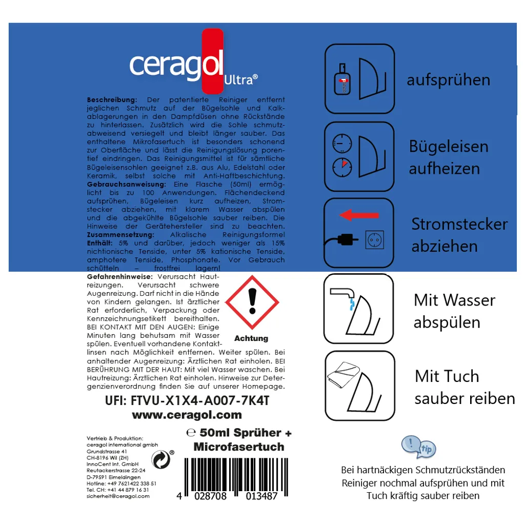 Ceragol Ultra Bügeleisenreiniger - Reinigungs-Spray Für Alle Bügel-Sohlen, Flüssig-Reiniger Entfernt Schmutz & Kalk, 50ml + Tuch – Bild 3