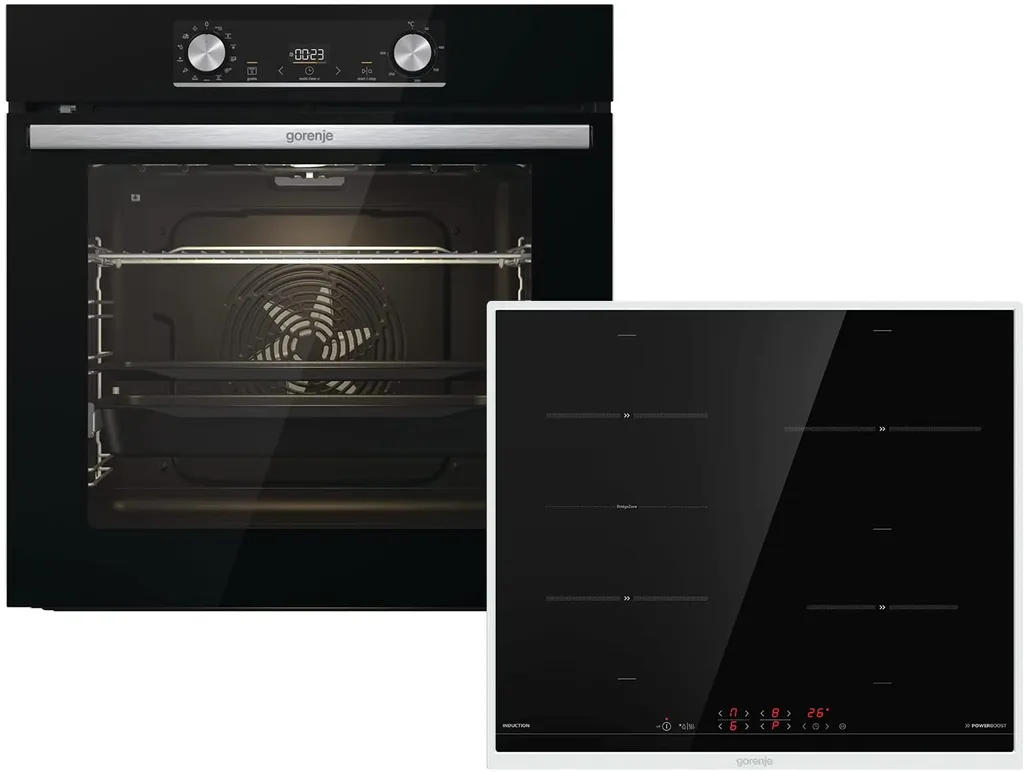 Gorenje Einbaubackofen-Set OptiBake Black Steam Pyro Set - 77L - Heißluft - Pyrolyse-Reinigung - ExtraSteam - GentleClose - AirFry - Pizzamode 300°C - PerfectGrill - Induktions-Kochfeld Mit BridgeZone