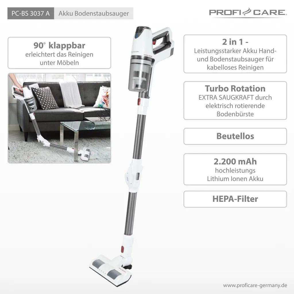 ProfiCare 2in1 Hand-und Bodenstaubsauger PC-BS 3037 A, Leistungsstarker 29.6V Lithium Ionen Akku, Turbo-Modus, Inkl. Wandhalterung Mit Ladefunktion, Weiß-Silber – Bild 10