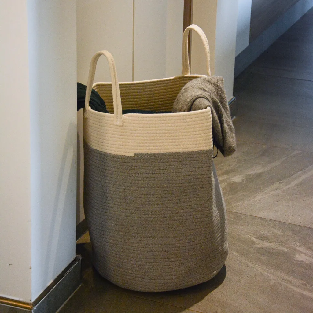 UNUS HOME Aufbewahrungskorb Wäschekorb Faltbar Tragegriffe Baumwolle 40x50 Cm Grau/weiß – Bild 5