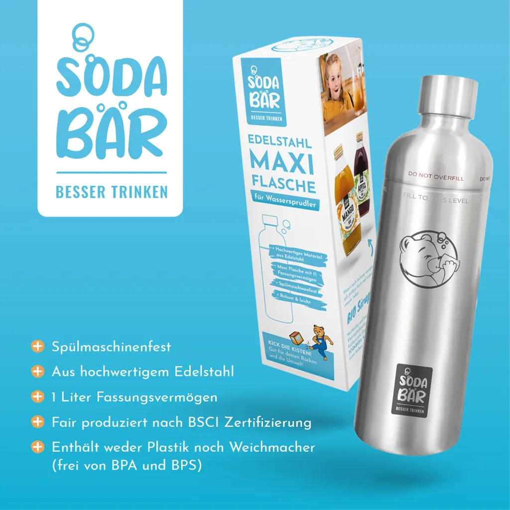 SodaBär© Edelstahl 1L Flasche Mit Drehverschluss Für Wassersprudler By Sodabär MAXI Flasche – Bild 2