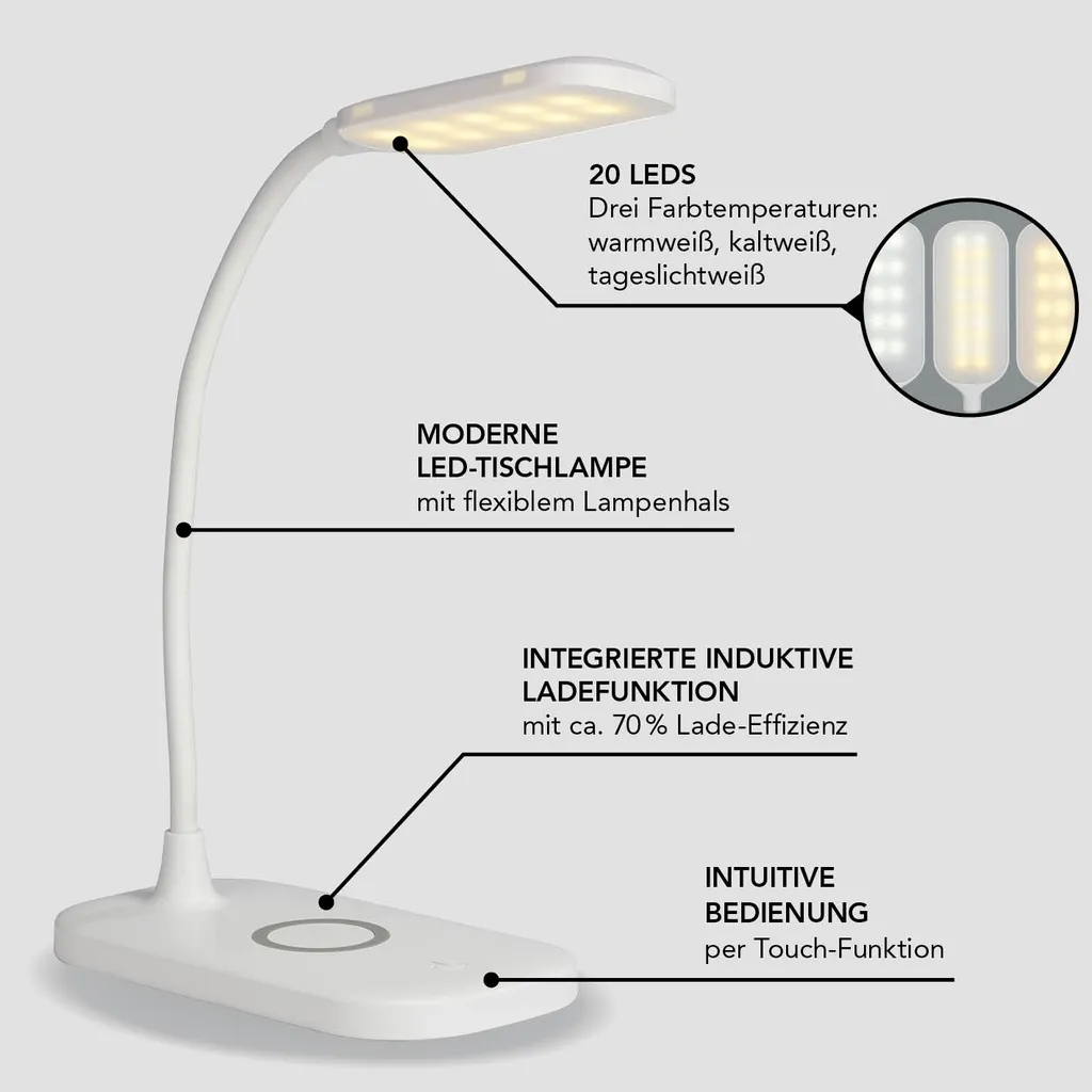 Maxxworld MAXXMEE LED-Tischleuchte Mit Wireless Charging - 3 Farbtemperaturen LED Tischleuchte Tischlampe Lampe USB Leuchte Wireless Touchfunktion Leselampe – Bild 4