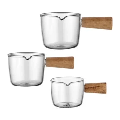 Jefety 3 Stück Glas Messbecher Hitzebeständiger Holzgriff Glaswaage Tasse Milchtasse Glasmessbecher 50ml/100ml/150ml