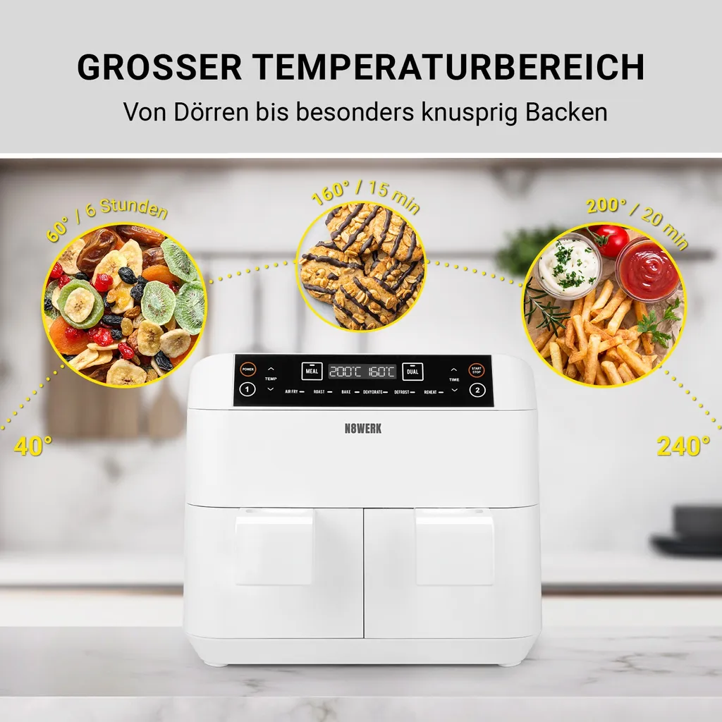 Maxxworld N8WERK Doppel-Heißluftfritteuse - 7,6l Heißluft Fritteuse Friteuse Fritöse XL Air Fryer Edelstahl Doppelkorb 2x 3,8L – Bild 4