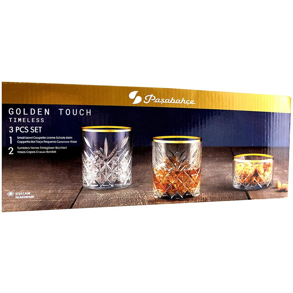Pasabahce 96818 Timeless Golden Touch 3 Teilig Im Kristall-Design Retro Design - 2 Whisky Glas Und 1 Kristall-Schale – Bild 7