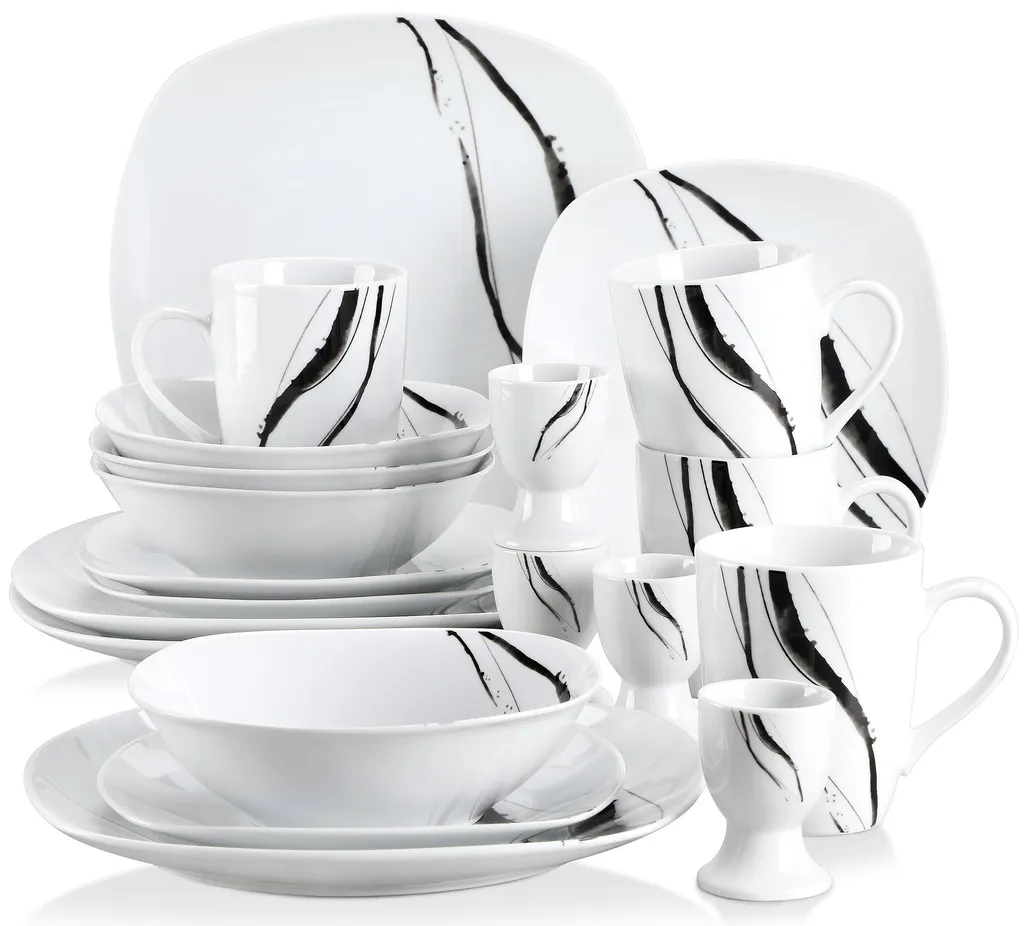 VEWEET Tafelservice 'Teresa' Aus Porzellan 20 Teilig, Geschirrset Beinhatlet Eierbecher, Kaffeetassen, Müslischalen, Dessertteller Und Flachteller, Geschirrservice Für 4 Personen