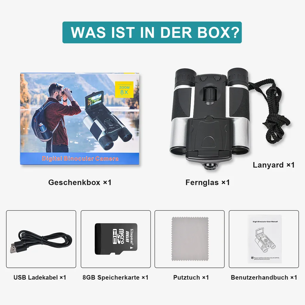 AnseeDirect Fernglas Mit Kamera, Fernglas Für Erwachsene Kinder 10-Fach Zoom 2" LCD Display 10x25 2.5K Video Camcorder Mit 8GB SD Karte Feldstecher Für Reisen Vogelbeobachtung Jagd Konzerte – Bild 8