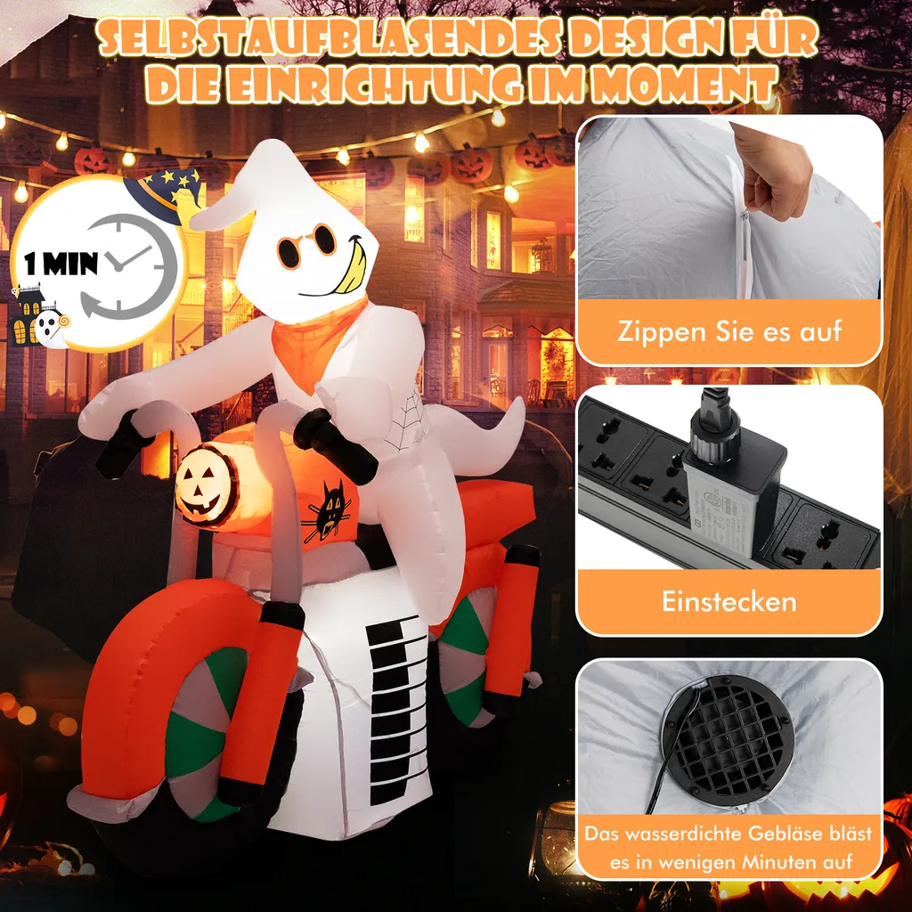 COSTWAY 155cm Halloween-Geist Aufblasbar, Halloween-Dekoration Mit Eingebauten LED-Leuchten, Wasserdichtem Gebläse & Sandsäcken, Geisterbiker Für Hof, Garten & Party – Bild 3