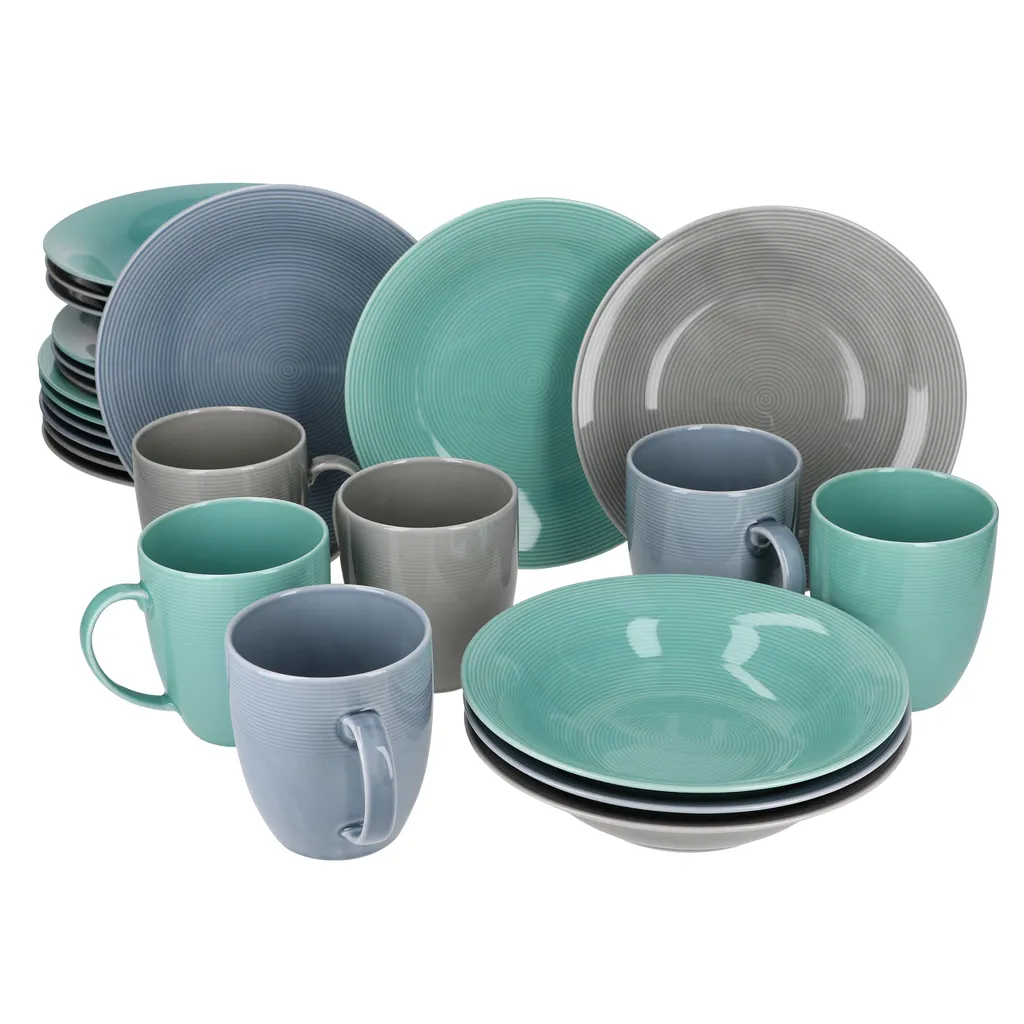 Van-Well 24tlg Geschirrset Jive 6Pers Kaffeebecher Suppenteller Kuchenteller Speiseteller Porzellan Bunt