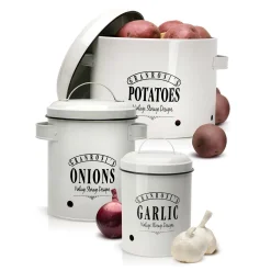 Klarstein Granrosi Georgia Vorratsbehälter Vorratstopf 3er-Set , Knoblauchtopf, Zwiebeltopf, Kartoffeltopf , Emaille-Stahlblech , Rostfrei , Lüftungsöffnungen , Vintage-Design , Creme