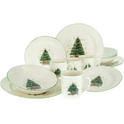 Creatable Porzellanhaus CreaTable 14959 Kombiservice Tannenbaum Für 4 Personen, Steingut, Creme/grün (1 Set, 16-teilig)