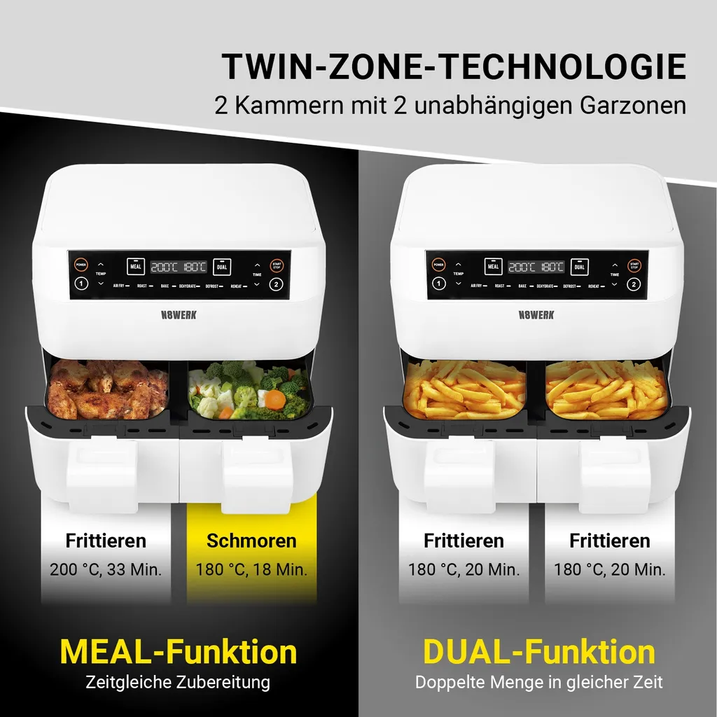 Maxxworld N8WERK Doppel-Heißluftfritteuse - 7,6l Heißluft Fritteuse Friteuse Fritöse XL Air Fryer Edelstahl Doppelkorb 2x 3,8L – Bild 2