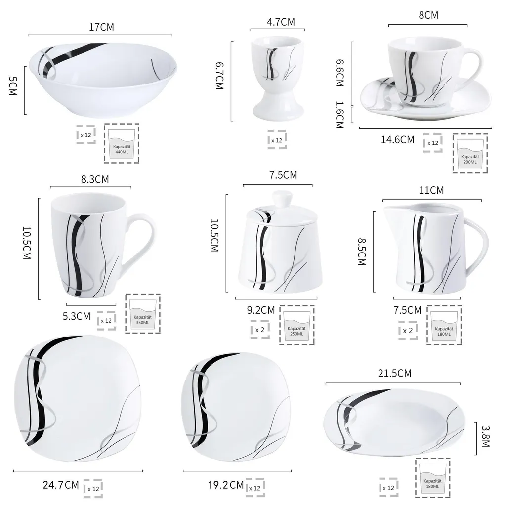 VEWEET, Serie 'Fiona', 100-teilig Porzellan Tafelservice Set, Kombiservice Mit Dessertteller, Speiseteller, Suppenteller, Müslischalen, Kaffeebecher, Kaffeetassen Set, Eierbecher, Milch- Und Zuckerset – Bild 2