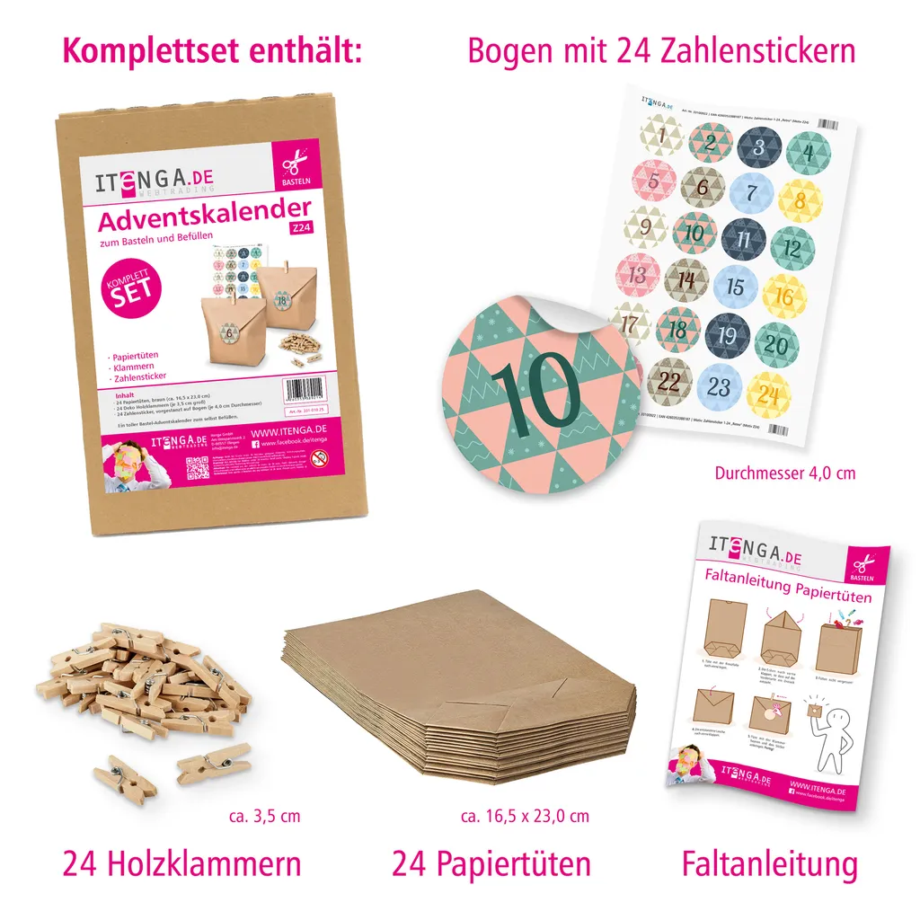 Itenga Adventskalender Set 24 Geschenktüten + Klammern + Sticker – Bild 6