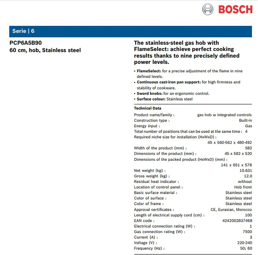 Bosch PCP6A5B90 Kochfeld Gas 60cm Einbau Gaskochfeld Autark Edelstahl – Bild 5