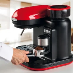 Ariete Siebträger-Espressomaschine Moderna Mit Kaffeemühle Und Aufschäumdüse, Rot/schwarz