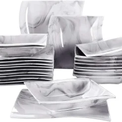 MALACASA, Serie Flora, Marmor Porzellan Tafelservice 24 Teiligen Set Kombiservice Geschirrset Mit 12 Speiseteller Und 12 Suppenteller Für 12 Personen