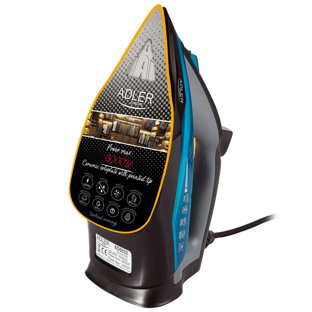 Adler Ad 5032 Bügeleisen Trockenbügeleisen Keramiksohle Schwarz, Blau, Grau 2400 W – Bild 9