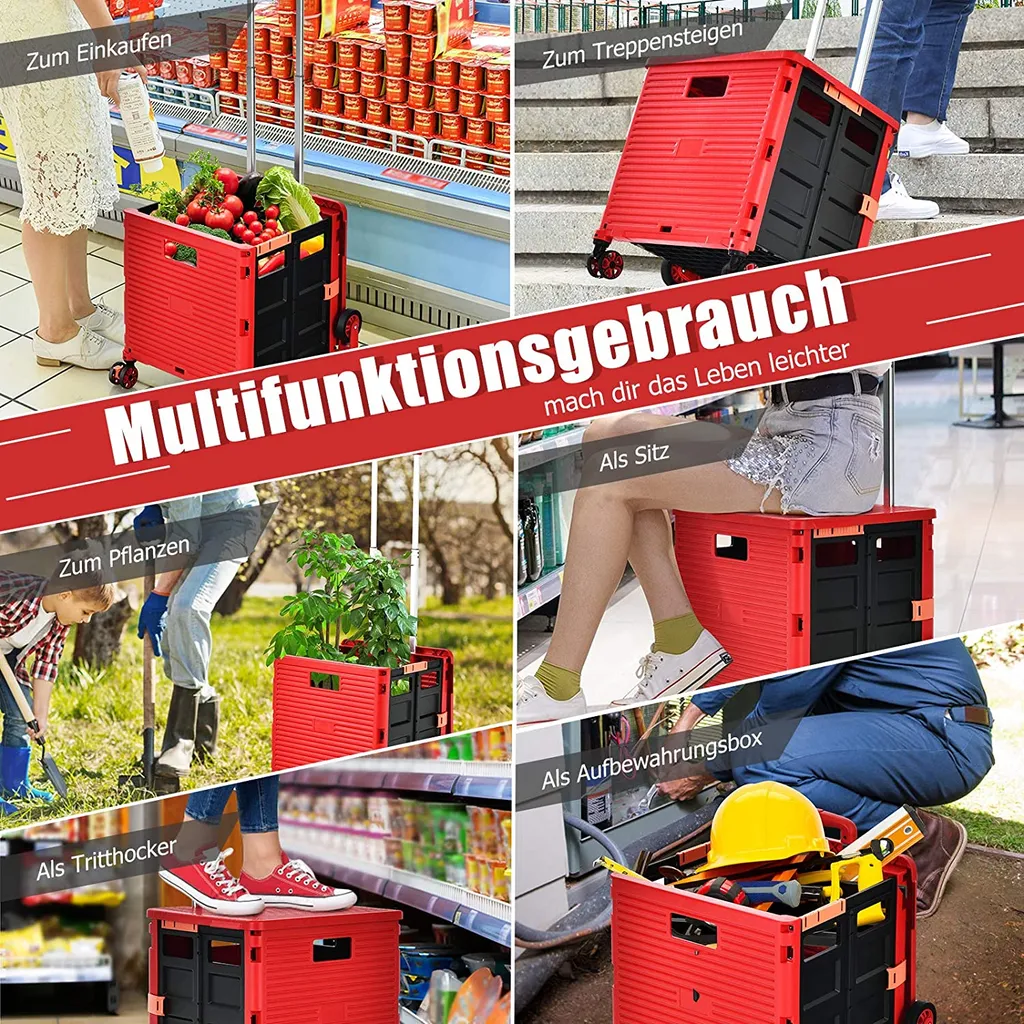 COSTWAY Einkaufstrolley Klappbar, Einkaufswagen Kunststoff Faltbar, Transport Trolley Treppensteigen 70kg Tragkraft, Einkaufskorb Mit Deckel, Teleskop Griff, 8 Rädern (Rot) – Bild 2