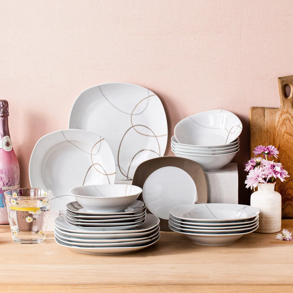 VEWEET Tafelservice 'Nikita' Aus Porzellan, 24 Teilig Geschirrset Beinhatlet Müslischalen, Dessertteller, Speiseteller Und Suppenteller, Geschirrservice Für 6 Personen – Bild 8