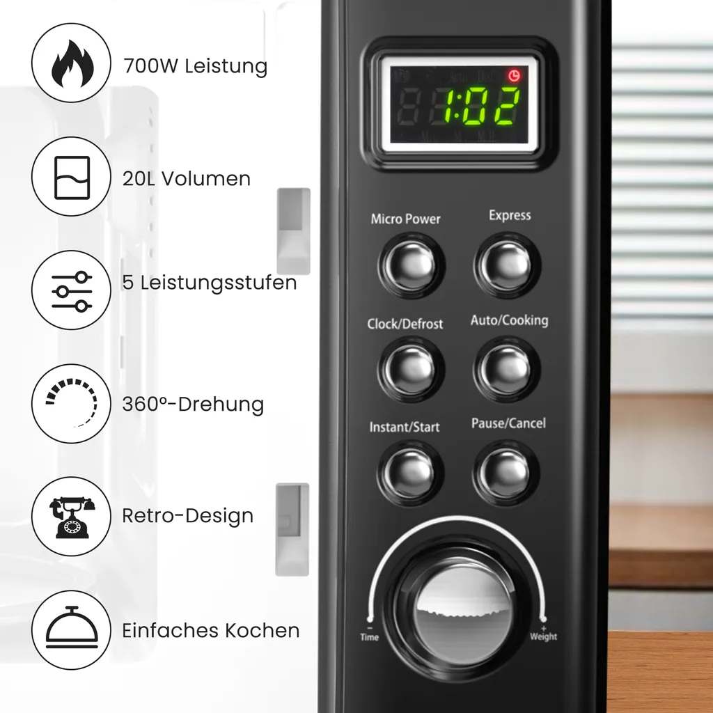 COSTWAY Mikrowelle 20L, 700 W Mikrowellenofen, Mit 8 Automatischen Programme, 5 Leistungsstufen, LED-Anzeige, Verzögerter Start, Retro, Schwarz – Bild 3