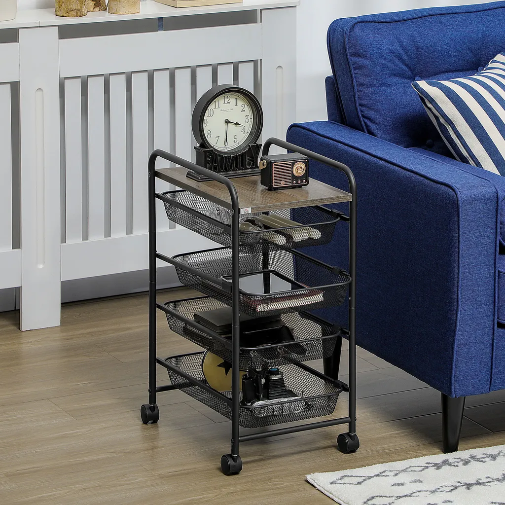 HOMCOM Rollwagen, Küchenwagen Mit 4 Körben, Aufbewahrungsregal Mit Rollen, Haushaltregal, Servierwagen Für Schlafzimmer, Wohnzimmer, Stahl, Schwarz, 41,5 X 31 X 66 Cm – Bild 3