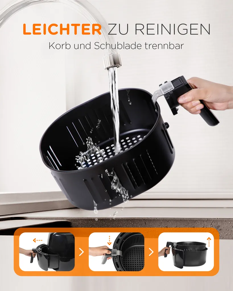 Tomons Heißluftfritteuse XXL 5,5 L Elektrofritteuse, 1800W, Airfryer Ohne Fett Und Öl, Friteuse Heißluft Mit 8 Voreinstellungen, Alarmtimer, Digitales Touch-Display, Frittierkorb Und Rezeptheft – Bild 8