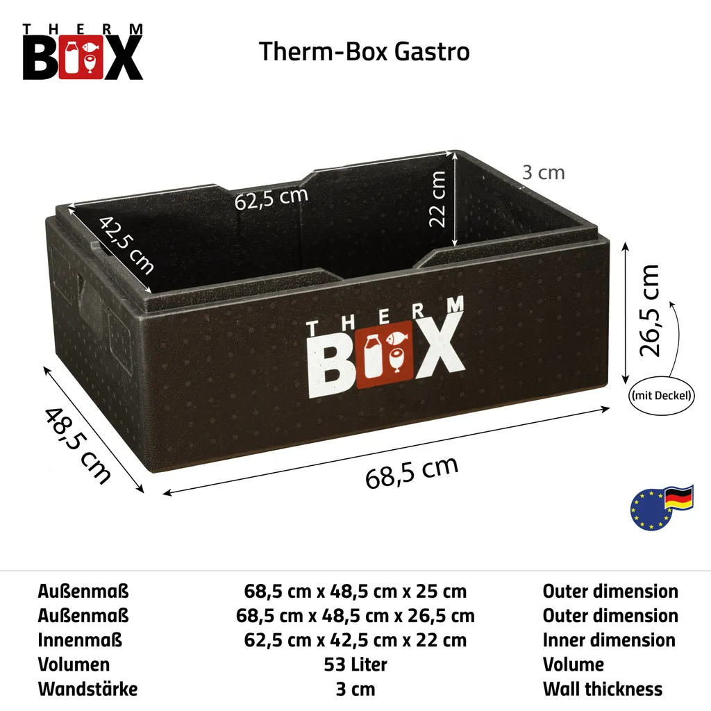 THERM BOX Profibox B53 - Wand: 3cm - Volumen: 53L - Innenmaß: 62,5x42,5x22cm - Wiederverwendbar Isolierbox Thermobox Kühlbox Warmhaltebox - Für E2 Kiste – Bild 3