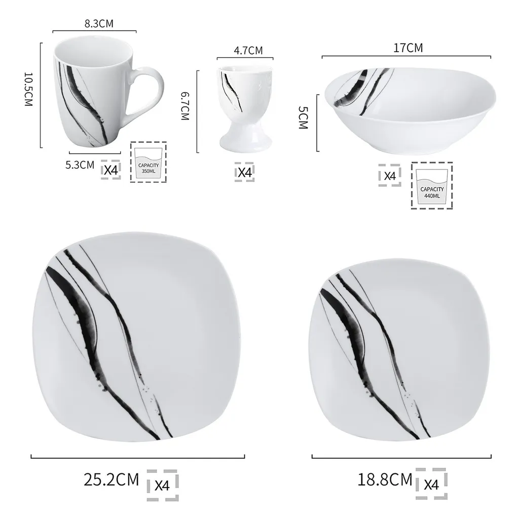 VEWEET Tafelservice 'Teresa' Aus Porzellan 20 Teilig, Geschirrset Beinhatlet Eierbecher, Kaffeetassen, Müslischalen, Dessertteller Und Flachteller, Geschirrservice Für 4 Personen – Bild 2