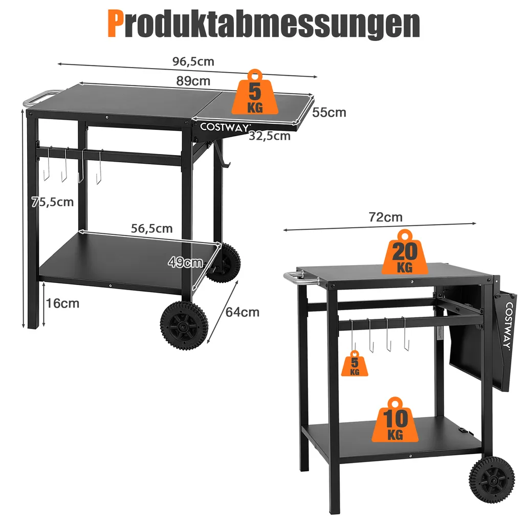 COSTWAY Grilltisch Mit Klappbarer Tischplatte, Beweglicher Campingtisch Mit 2 Ablagen & 4 Haken, Metall Grillwagen Für Außenbereich, Rollwagen Zum Grillen & Outdoorküche, Zubereitungswagen Schwarz – Bild 7
