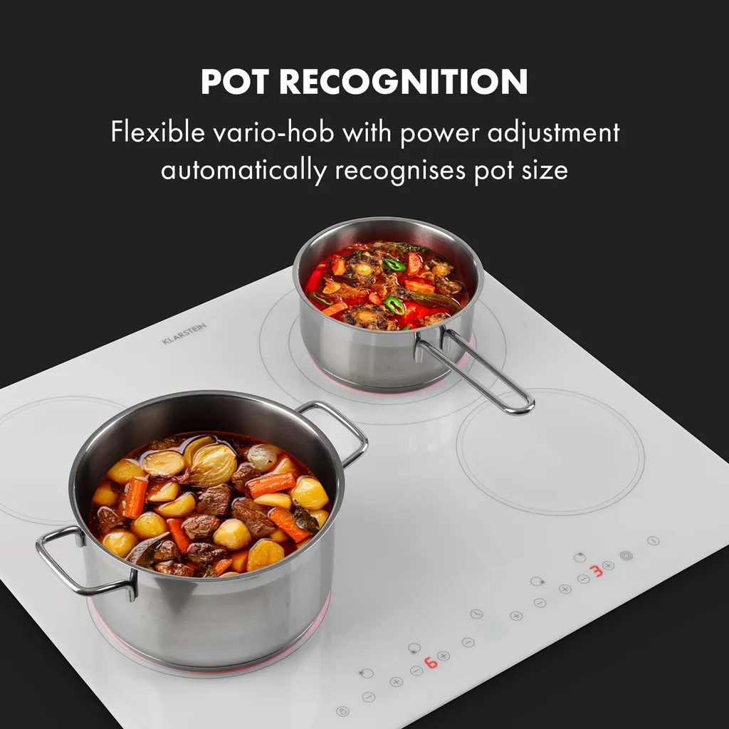 Klarstein Virtuosa 4 Glaskeramik-Kochfeld , Autark , 59 Cm , 4 Zonen: 6500 Watt , Zweifach-Zone , 4 Kochzonen , 9 Stufen , Timer , Rahmenlos , Timer , Kindersicherung , Weiß – Bild 4