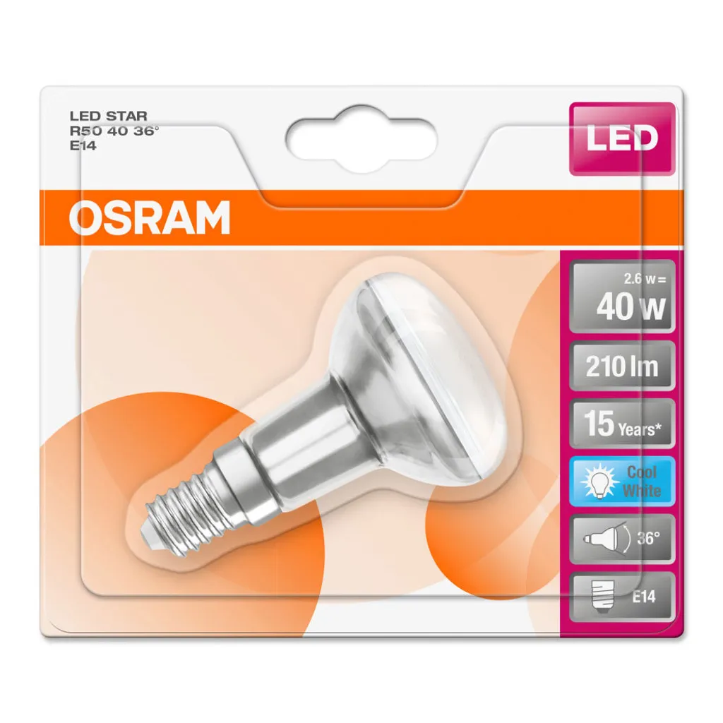 Osram LED Leuchtmittel R50 Glas Reflektor 2,6W = 40W E14 Matt 210lm Neutralweiß 4000K 36° – Bild 5