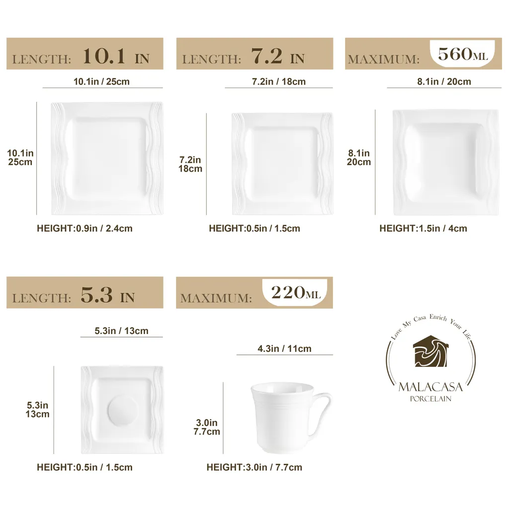 MALACASA, Serie Mario, 60 Tlg. Cremeweiß Porzellan Geschirrset Tafelservice Mit Je 12 Kaffeetassen, 12 Untertassen, 12 Dessertteller, 12 Suppenteller Und 12 Speiseteller – Bild 2