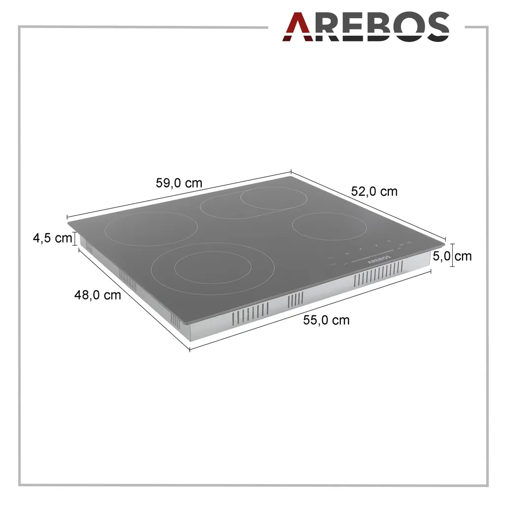 AREBOS Glaskeramikkochfeld, 7200 W, 4 Kochfelder, 59 Cm, Autark, Inkl. Dual-Kochzone Und Bräterzone, Mit Sensor Touch – Bild 8