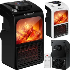 KESSER® Steckdosen Heizlüfter Energiesparend Mini Mit Kaminfeuereffekt Fernbedienung LCD Display Keramik Heizung Mit Thermostat 400W - Temperaturregelung Timer Büro Badezimmer Schlafzimmer, Farbe:Schwarz