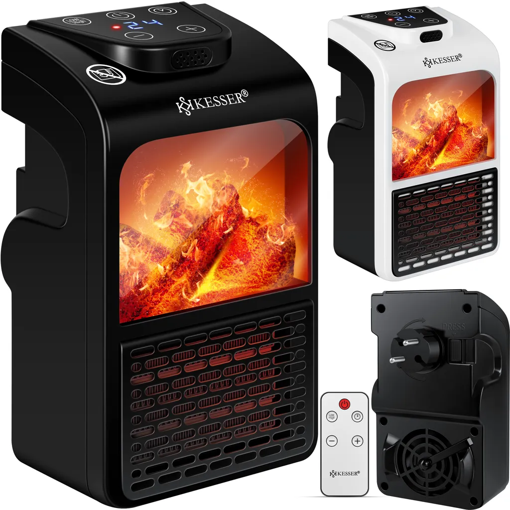 KESSER® Steckdosen Heizlüfter Energiesparend Mini Mit Kaminfeuereffekt Fernbedienung LCD Display Keramik Heizung Mit Thermostat 400W - Temperaturregelung Timer Büro Badezimmer Schlafzimmer, Farbe:Schwarz