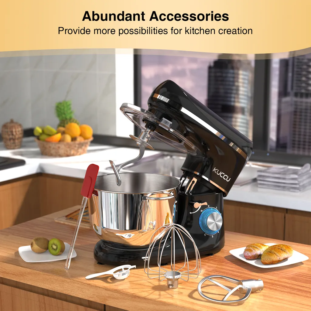 KUCCU Küchenmaschine,1500W Leistungsstarke Knetmaschine, Mit Knet-und Rührfunktion 6 Geschwindigkeiten Geräuscharme Teigknetmaschine 6,5 Liter Edelstahlschüssel Knethaken & Schneebesen Spritzschutz – Bild 9