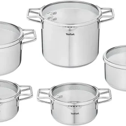 TEFAL Nordica H852SA55 Stahl-Topfset Mit Deckel 10-teilig, Topf: 18/20/24 Cm, Kochtopf Hoch 22cm, Rondel 16cm