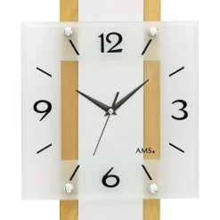AMS 5507 Wanduhr Funk Funkwanduhr Analog Holz Buche Massiv Eckig Mit Glas