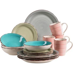 Maeser Mäser 931499 Lumaca Vintage Geschirr-Set Für 4 Personen, Handbemaltes Keramik Kombiservice, Steingut, Bunt, 16-teilig (1 Set)