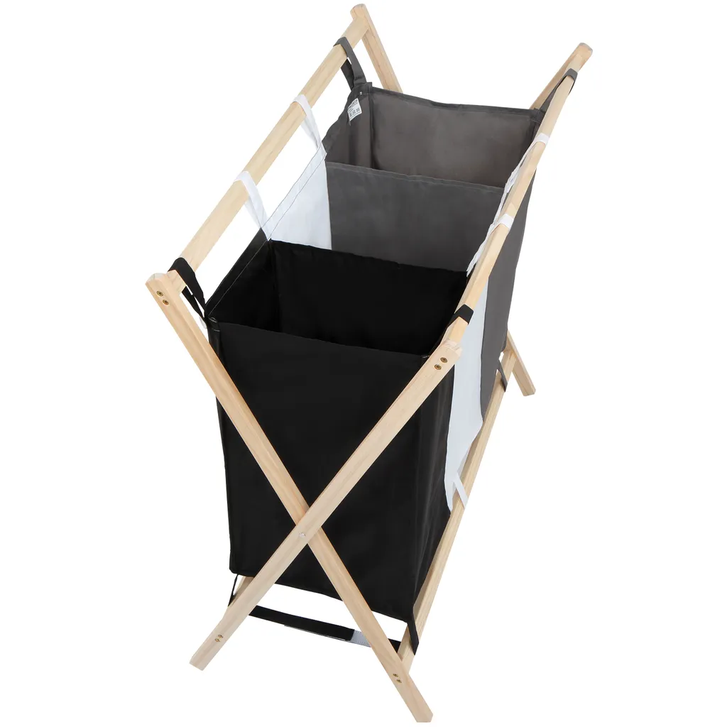 Jago® Wäschesortierer - Faltbar, 3 Fächer Aus Stoff, Aus Holz, Dreifarbig, Ca. 128 L Volumen, Größe (L/B/H): 75/40/72 Cm - Wäschekorb, Wäschebox, Wäschesammler – Bild 4