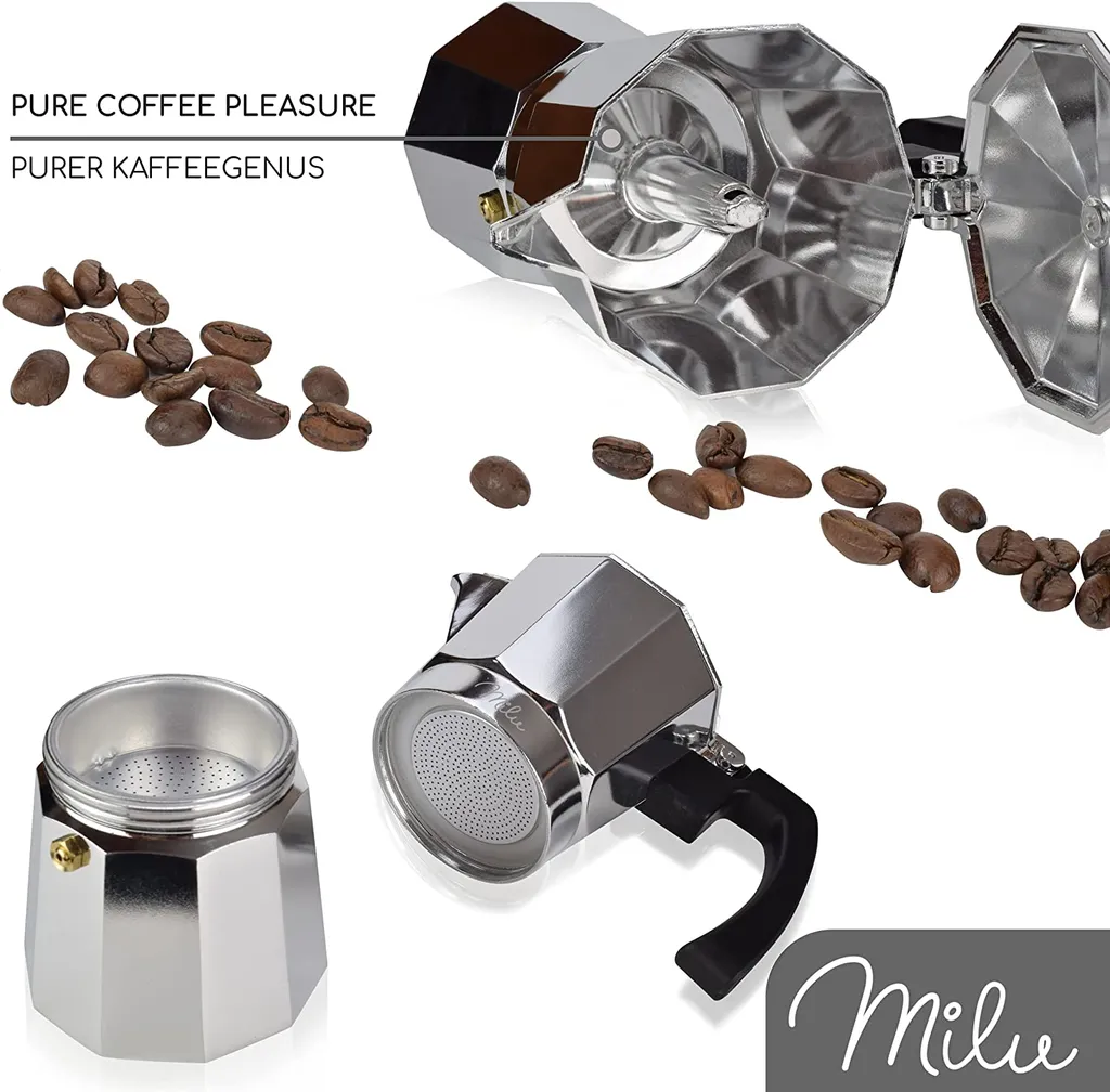 Milu Kids Milu Espressokocher (No Induktion) | 2, 3, 6, 9 Tassen | Aluminium Mokkakanne, Espressokanne, Espresso Maker Set Inkl. Untersetzer, Löffel, Bürste (Aluminium, 4 Tassen (300ml) – Bild 4