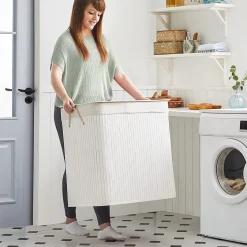 SONGMICS Wäschekorb, 150 L, Wäschesammler, Aus Bambus, Wäschetruhe Mit Griffen, 3 Fächern, Deckel Mit Clips, Faltbar, Für Waschküche, Schlafzimmer, Bad, Weiß LCB091W01