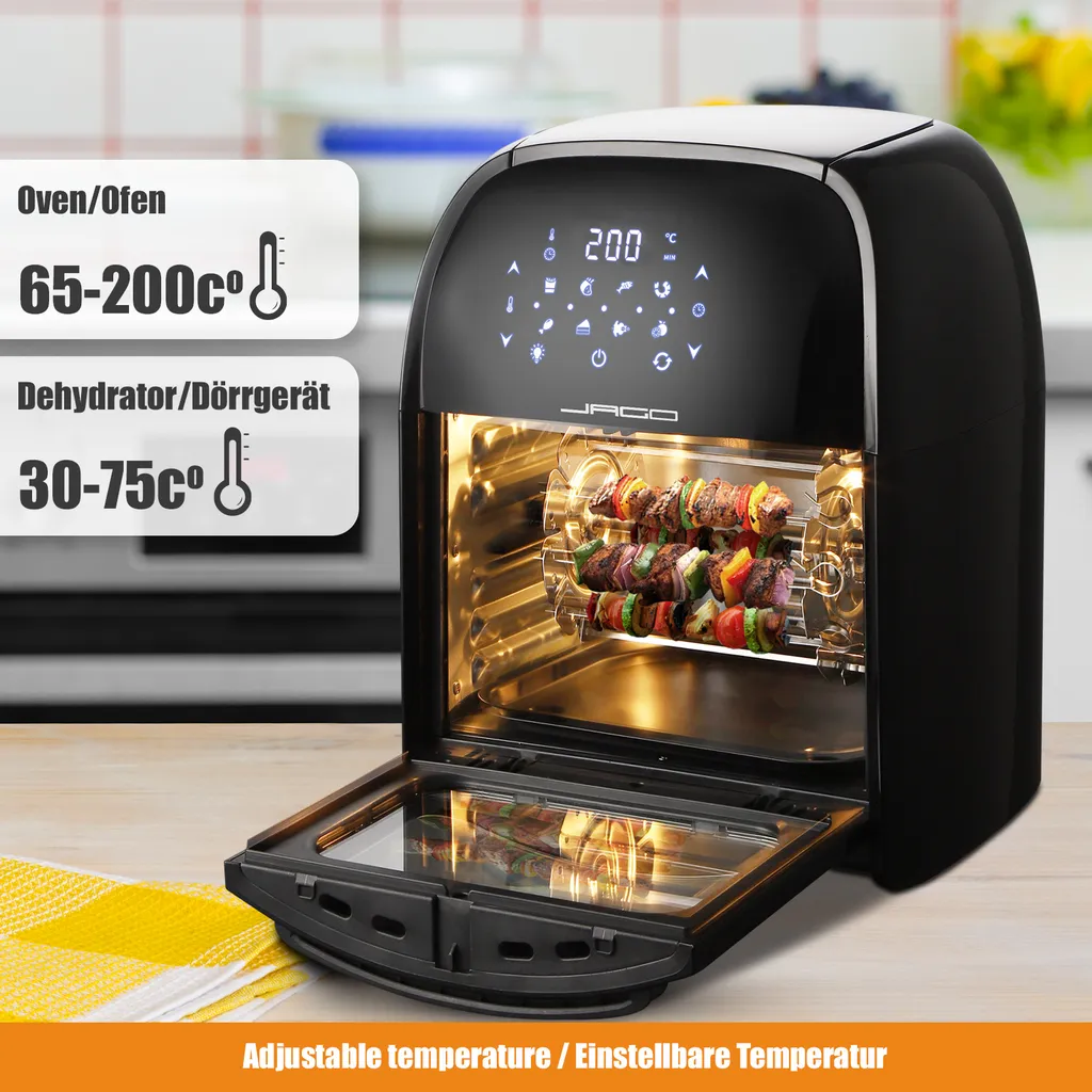Jago® XXXL 8in1 Heißluftfritteuse 12L + 10 Zubehör - 1800W, LED Display Mit Touch Screen, 8 Programme / Timer, Ohne ÖL - Airfryer, Heißluft, Fritteuse, Heißluftofen, Backofen, Dehydrator, Grill – Bild 3