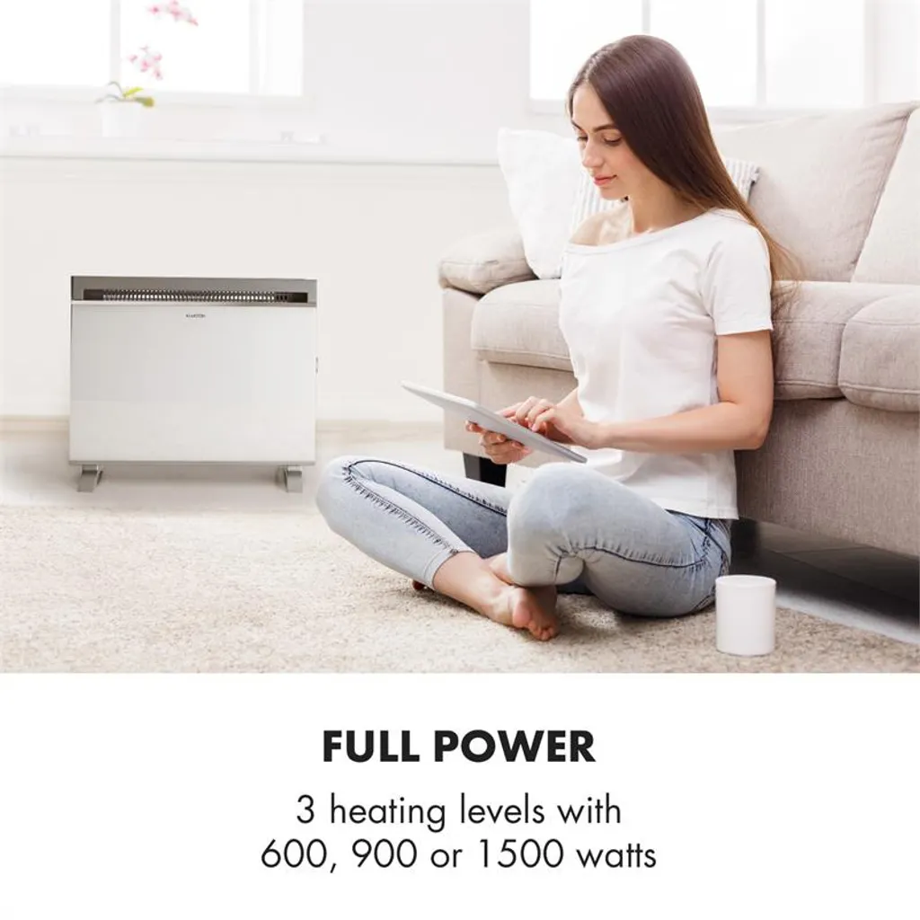 Klarstein Gotland Konvektorheizung 600/900/1500W Glasfront Standgerät Weiß – Bild 2